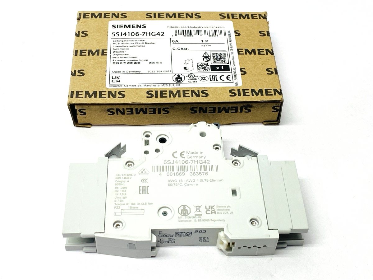5SJ4106-7HG42 | Siemens Miniature Circuit Breaker 1-Pole 6A 277VAC/480Y 60VDC - New – Open box - Maverick Industrial Sales