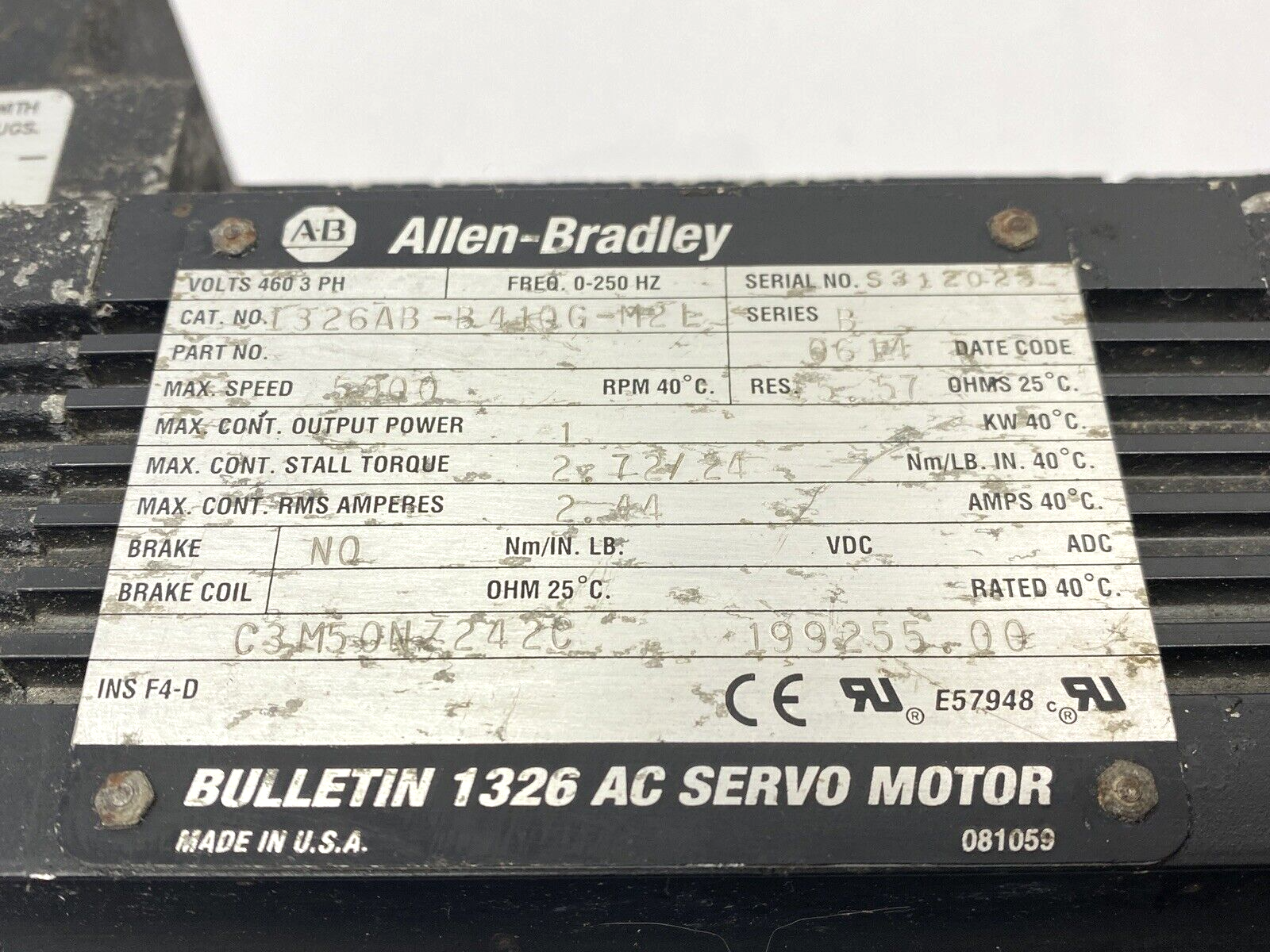 Allen Bradley 1326AB-B410G-M2L Ser. B AC Servo Motor w/ NT42-010-0-RM115-39 - Maverick Industrial Sales