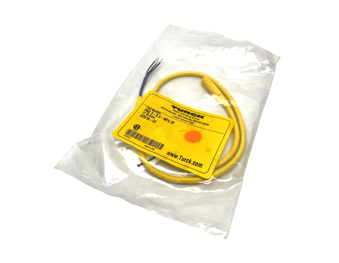 Turck PKG 3-0.5-MFS 3F Single Ended Cordset Snap In Female 3-Pin 0.5m U2516-52 - New - Maverick Industrial Sales