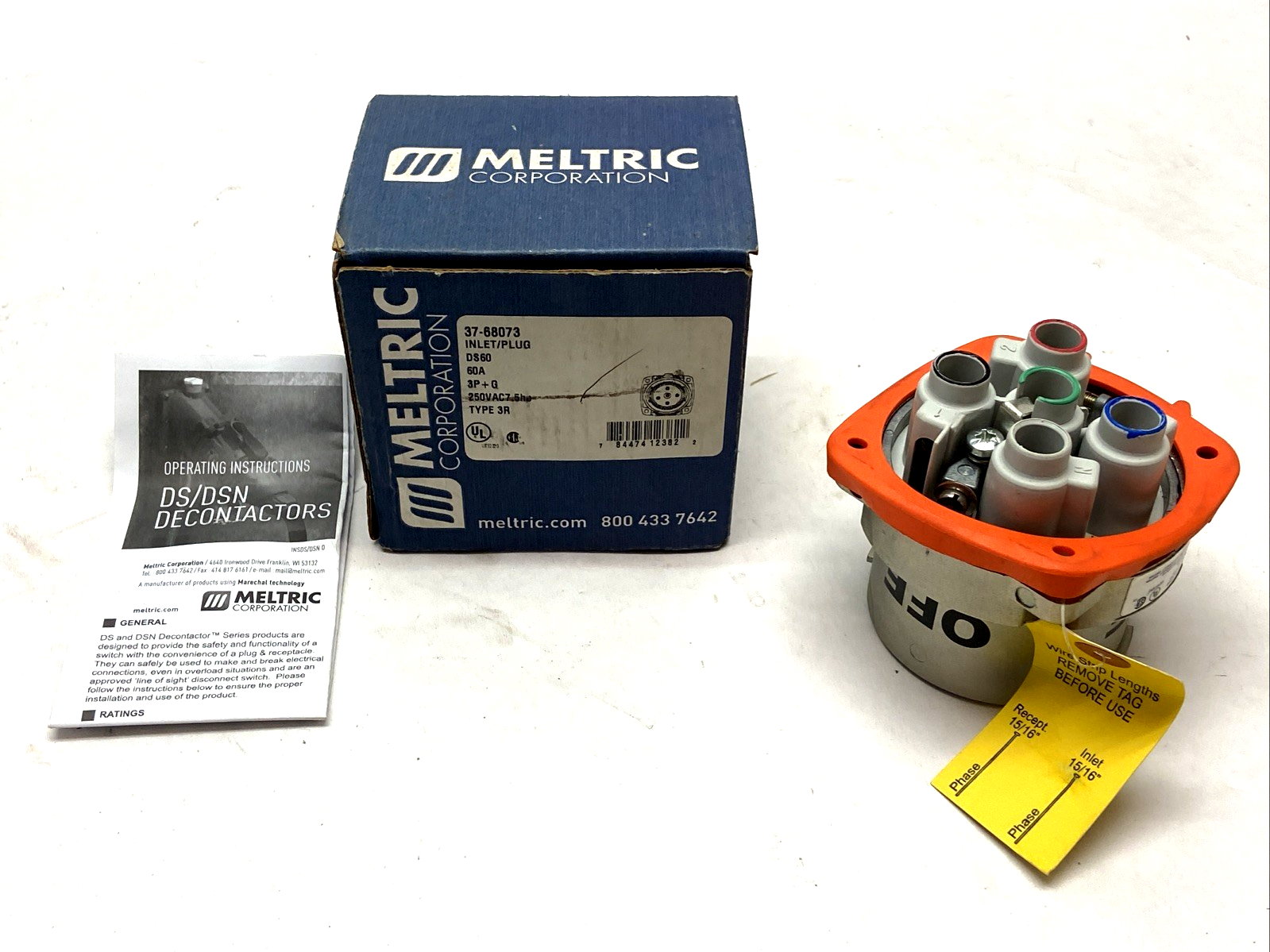 Meltric 37-68073 Inlet/Plug DS60 60A 3P+G 250Vac 7.5hp Type 3R - New – Open box - Maverick Industrial Sales