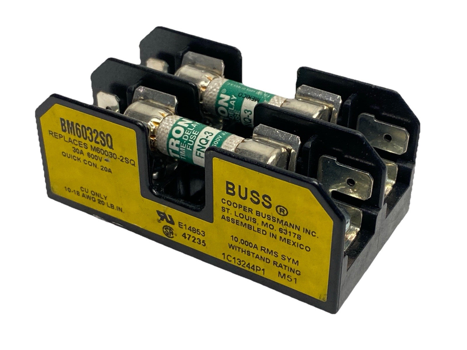 BM6032SQ | Bussmann 2-Pole Midget Fuse Block 30A 600V w/ TRON FNQ-3 Fuses - Used - Maverick Industrial Sales
