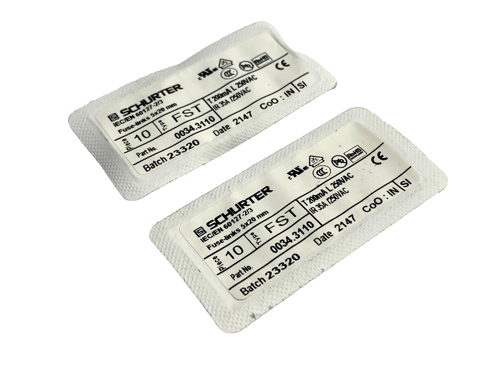 0034.3110 | Schurter Fuse 5 x 20mm 250VAC 200mA LOT OF 20 - New - Maverick Industrial Sales