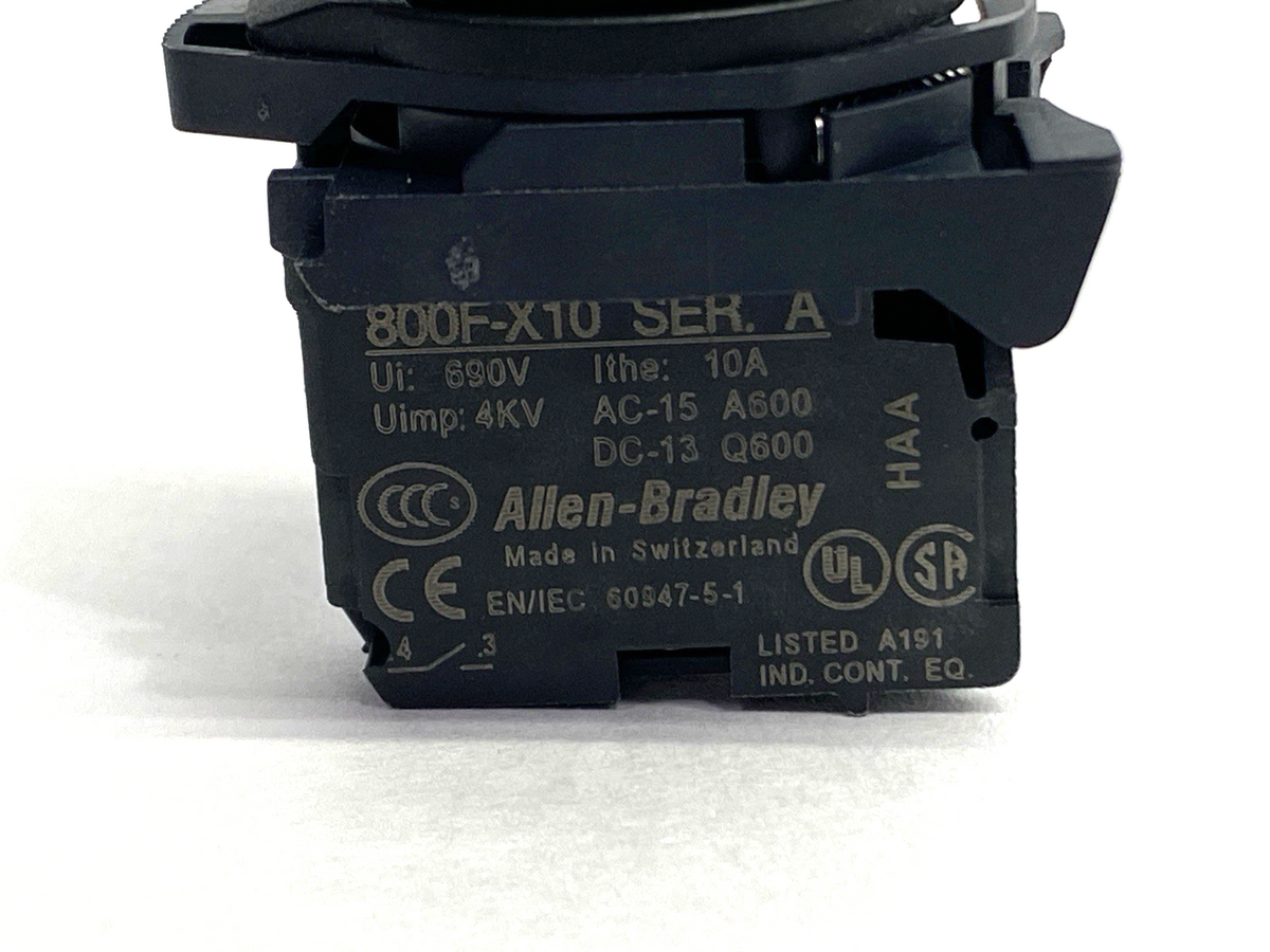800F-X10,800F-ALP,800FP-E2 | Allen Bradley 800FP-E2 Pushbutton Black w/ 800F-ALP Latch 800F-X10 Ser A Contact - Used - Maverick Industrial Sales