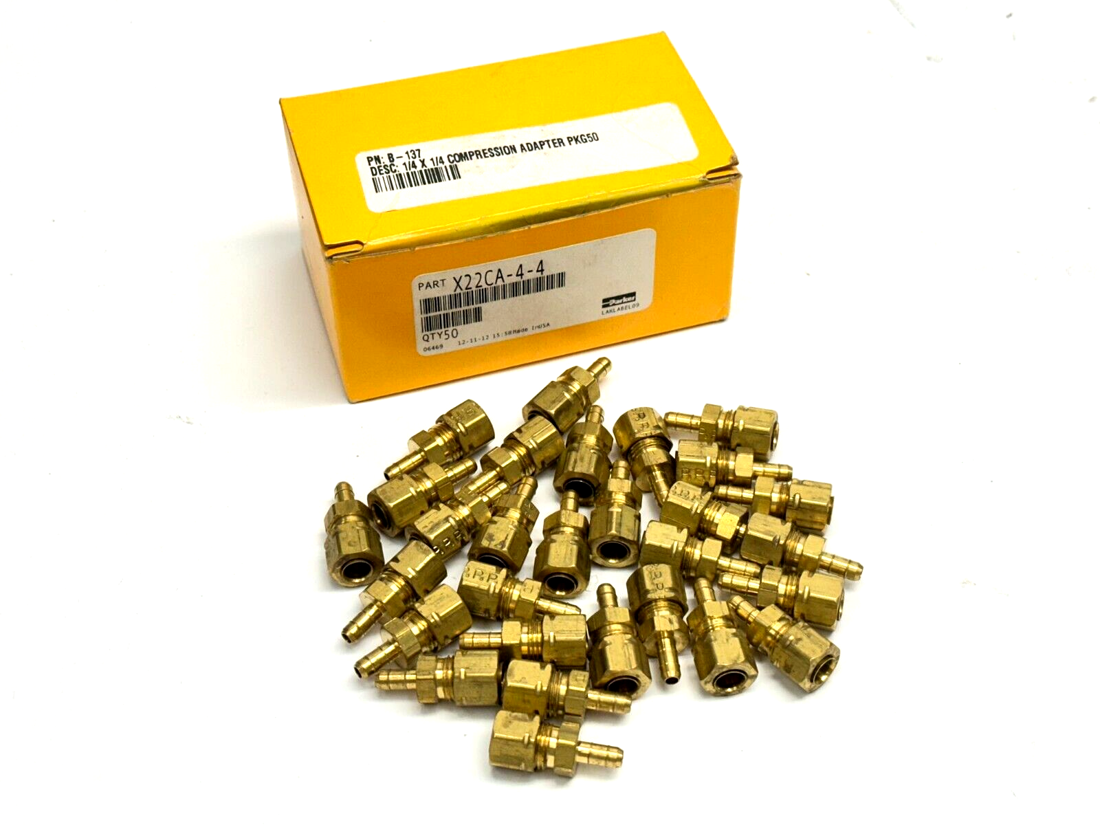 Parker X22CA-4-4 1/4" OD Compression x 1/4" Barb Adaptor Brass LOT OF 29 - New – Open box - Maverick Industrial Sales