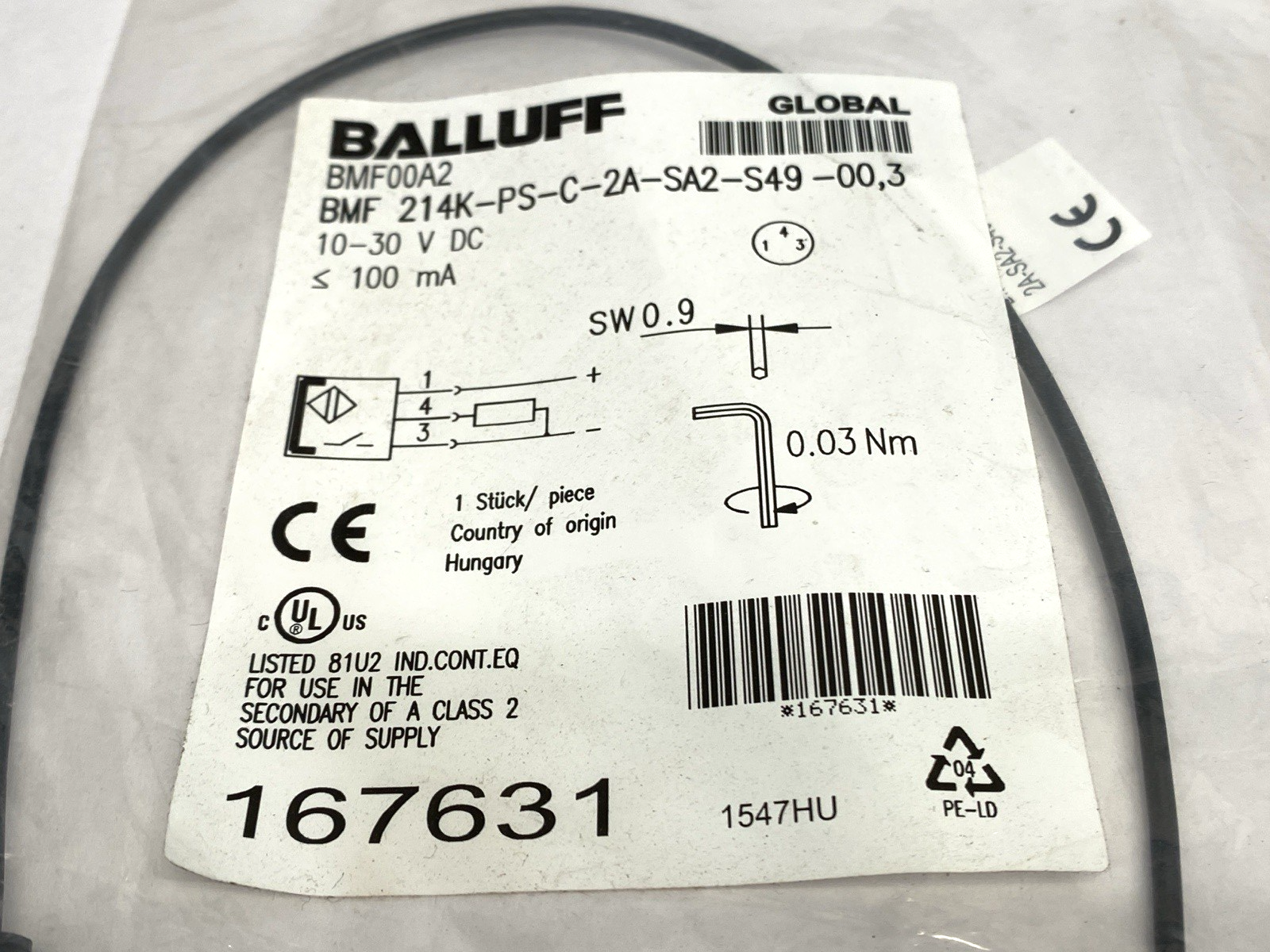 Balluff BMF 214K-PS-C-2A-SA2-S49-00,3 Magnetic Field Cylinder Sensor BMF00A2 - New – Open box - Maverick Industrial Sales