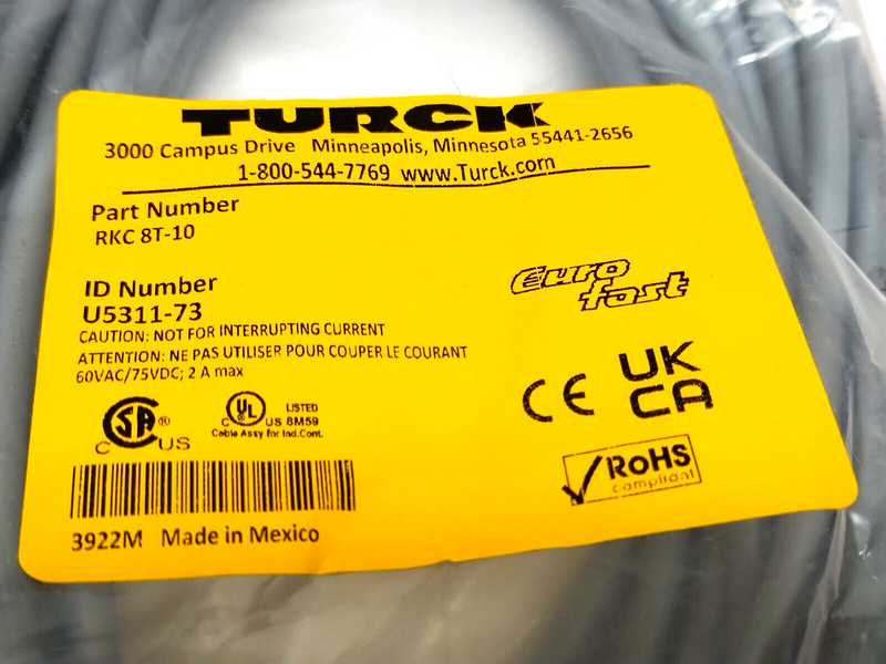 Turck RKC 8T-10 Actuator & Sensor Cordset M12 8-Pin Female 10m U5311-73 - Maverick Industrial Sales