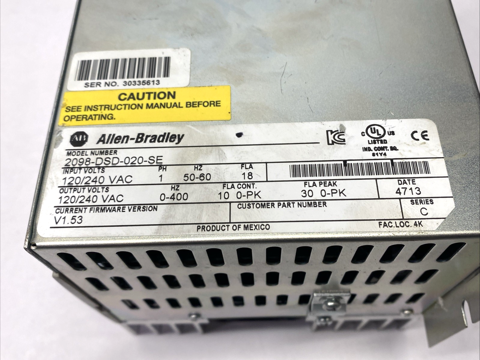 Allen Bradley 2098-DSD-20-SE Ser. C Ultra3000 Digital Servo Drive 240VAC 50/60Hz - For parts or not working - Maverick Industrial Sales