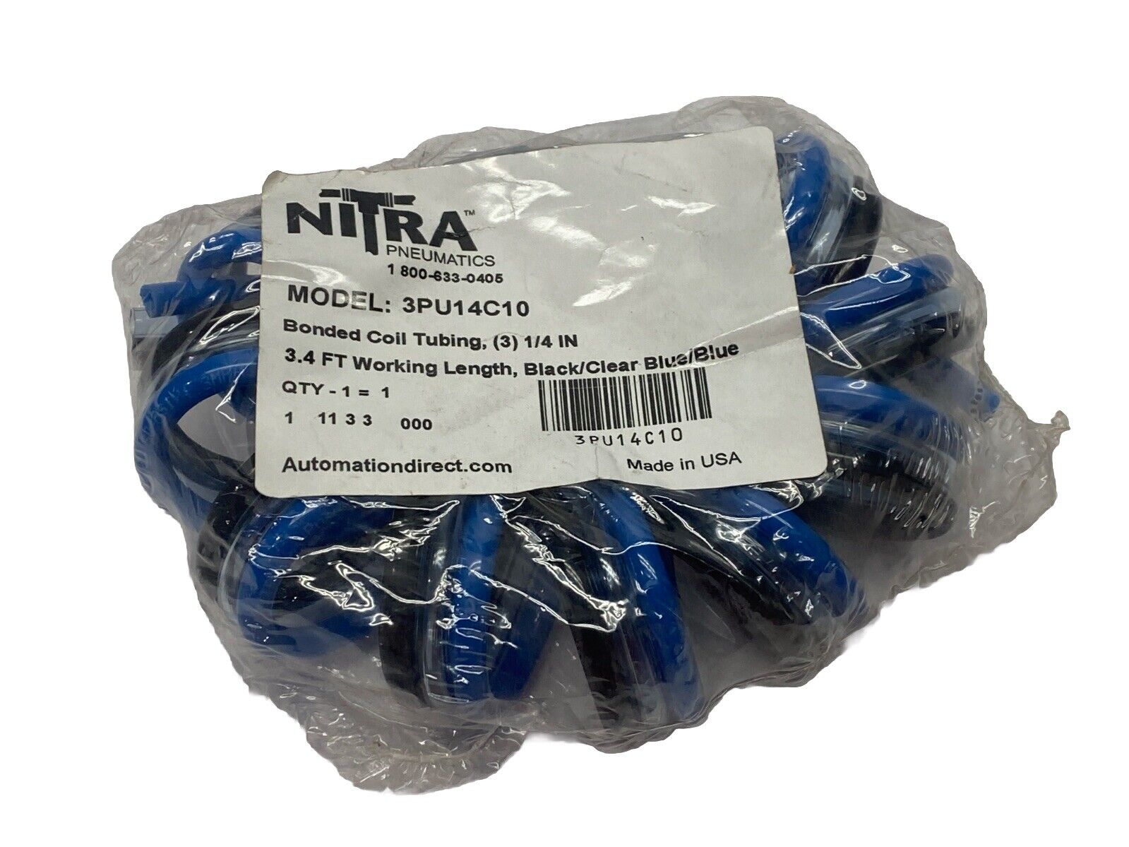 Nitra 3PU14C10 Bonded Coil Tubing Black/Clear Blue/Blue 1/4" OD 3.4ft - New - Maverick Industrial Sales