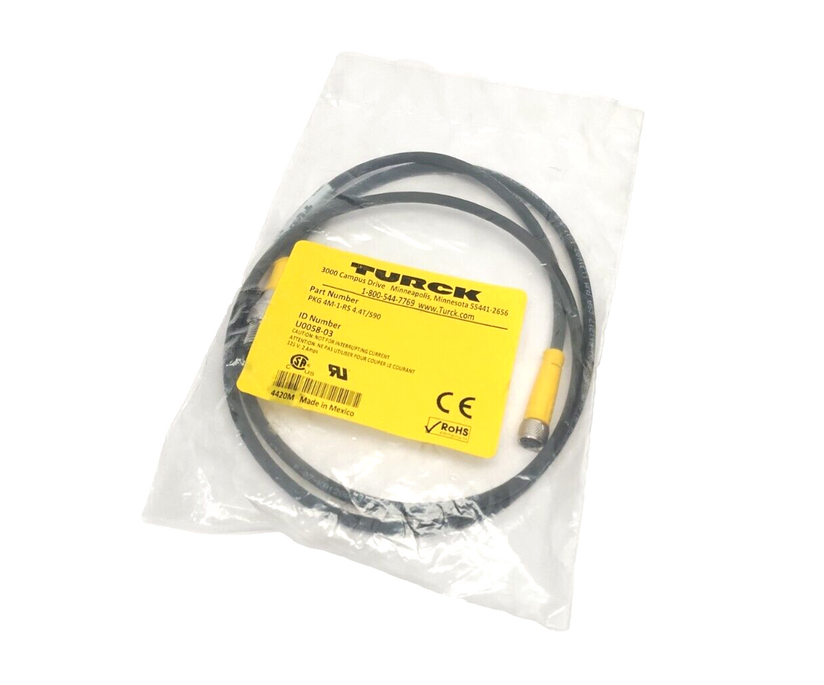U0058-03, PKG 4M-1-RS 4.4T/S90 | Turck PKG 4M-1-RS 4.4T/S90 Cordset 4-Pin M12 Male To M8 Female 1m U0058-03 - New - Maverick Industrial Sales