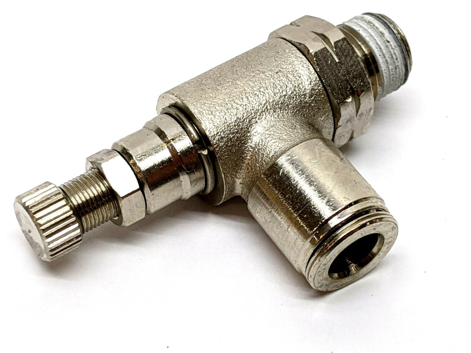 Metal Flow Control Valve Right Angle 1/4” Tube Push-To-Connect 7/16-20 Male - Maverick Industrial Sales