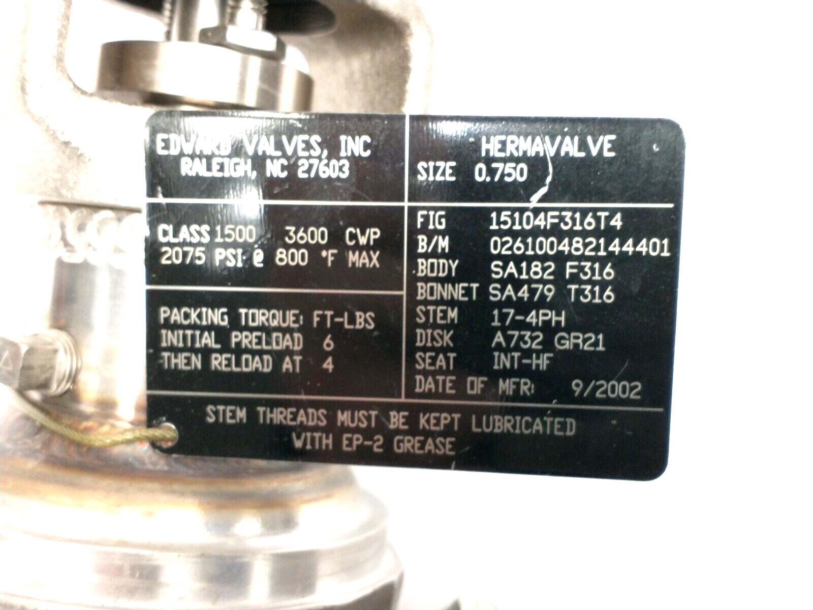 Edward Valves 15104F316T4 Hermavalve Bonnet Valve, Size 0.75 Class 1500 2075PSI - Maverick Industrial Sales