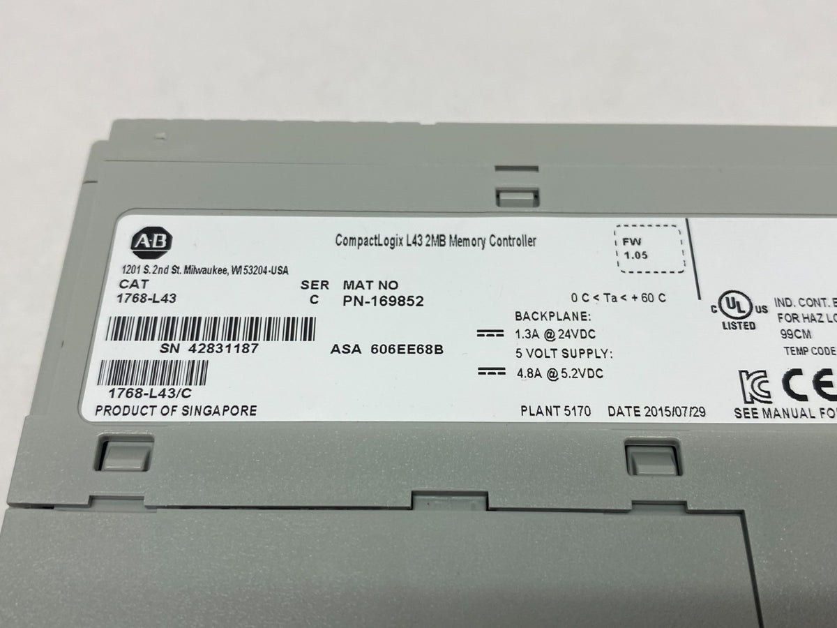 1768-L43 | Allen Bradley Ser. C CompactLogix 2MB Memory Controller - Used - Maverick Industrial Sales