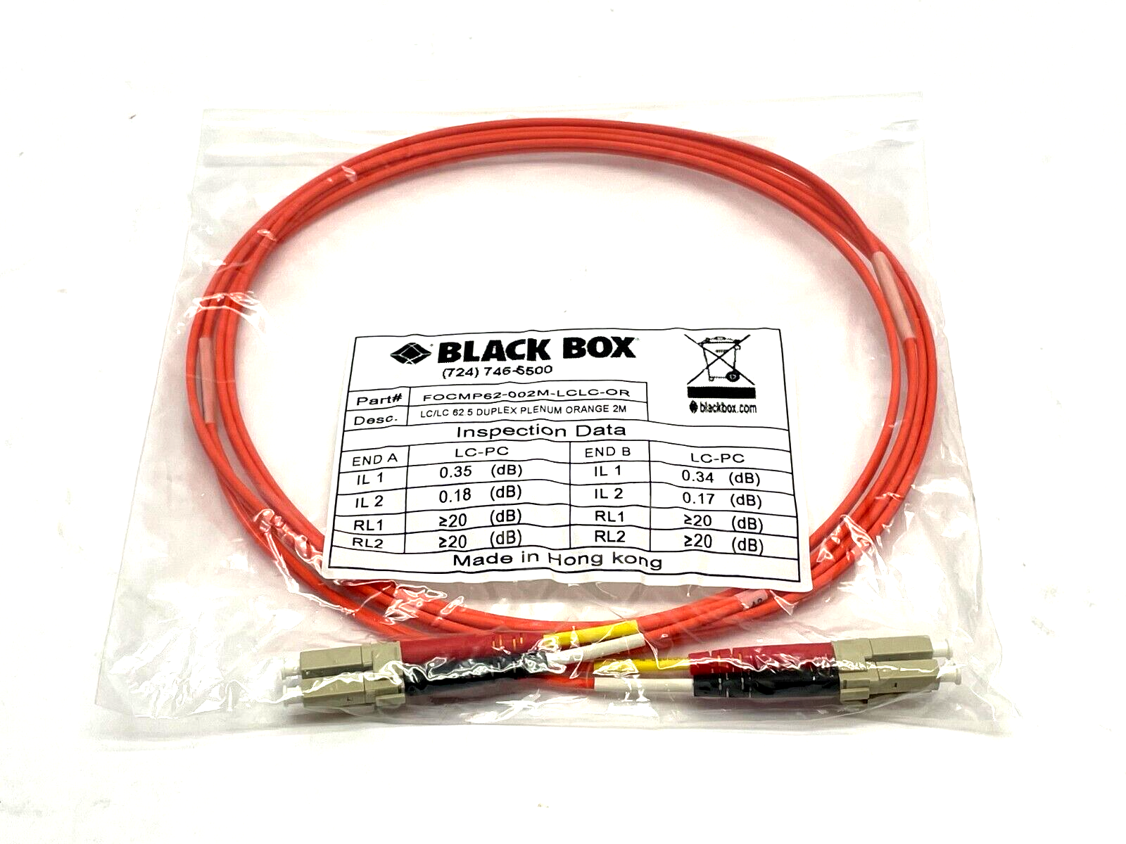 Black Box FOCMP62-002M-LCLC-OR Fiber Patch Cable 2m Length - New - Maverick Industrial Sales