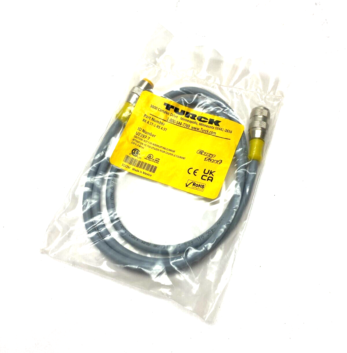 RK 4.5T-1-RS 4.5T, U2297-7 | Turck RK 4.5T-1-RS 4.5T Eurofast Double Ended Cordset U2297-7 - New - Maverick Industrial Sales