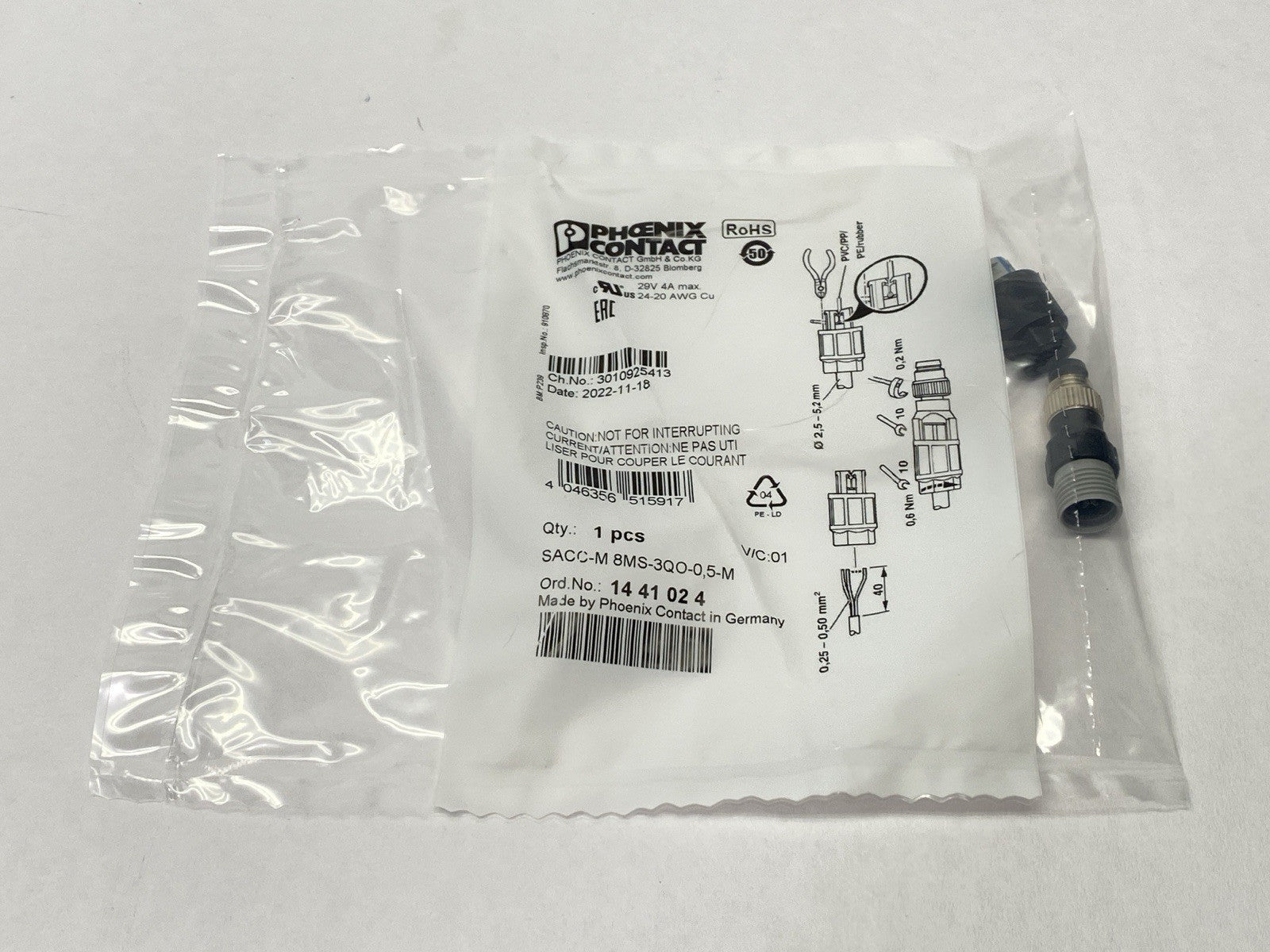 Phoenix Contact SACC-M 8MS-3QO-0,5-M Connector Male M8 3-Pin A-Code 1441024 - New - Maverick Industrial Sales