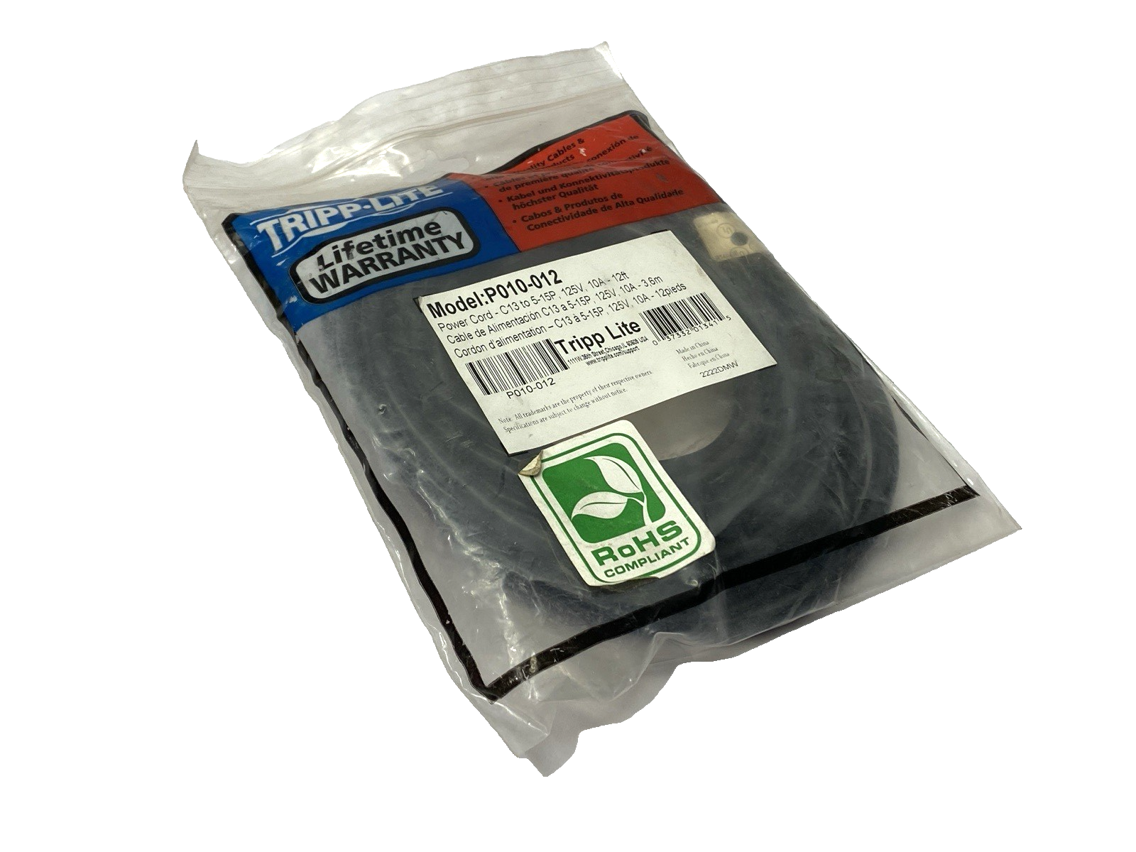 Tripp Lite P010-012 Desktop Computer Power Cable 5-15P to C13 125V 12ft - Maverick Industrial Sales