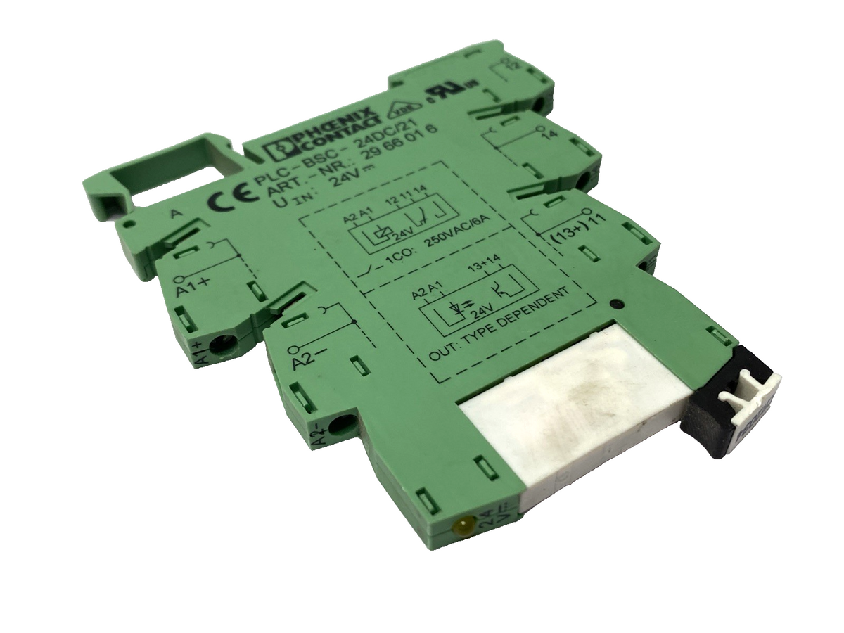 PLC-BSC-24DC/21, 2966016, & 2961105 | Phoenix Contact PLC-BSC-24DC/21 Relay Base 2966016 w/ 2961105 Relay - Used - Maverick Industrial Sales