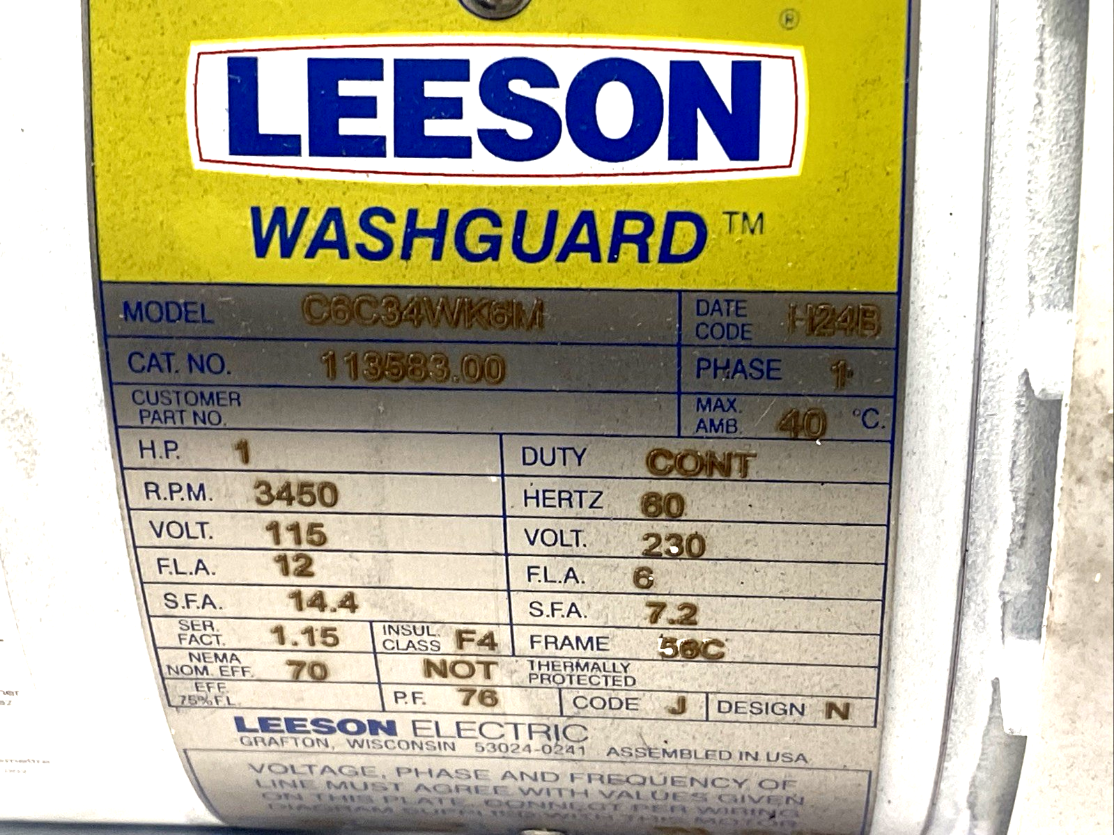 Leeson 113583.00 Washguard Motor 1HP 1PH 115/230V 3450 RPM 5/8" Shaft C6C34WK6M - Maverick Industrial Sales