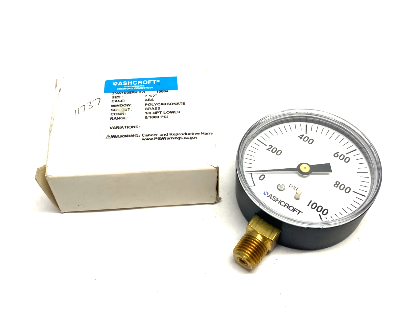Ashcroft 25W1005PH 02L 1000# Pressure Gauge 2-1/2" Brass 0-1000psi 1/4" NPT - Maverick Industrial Sales