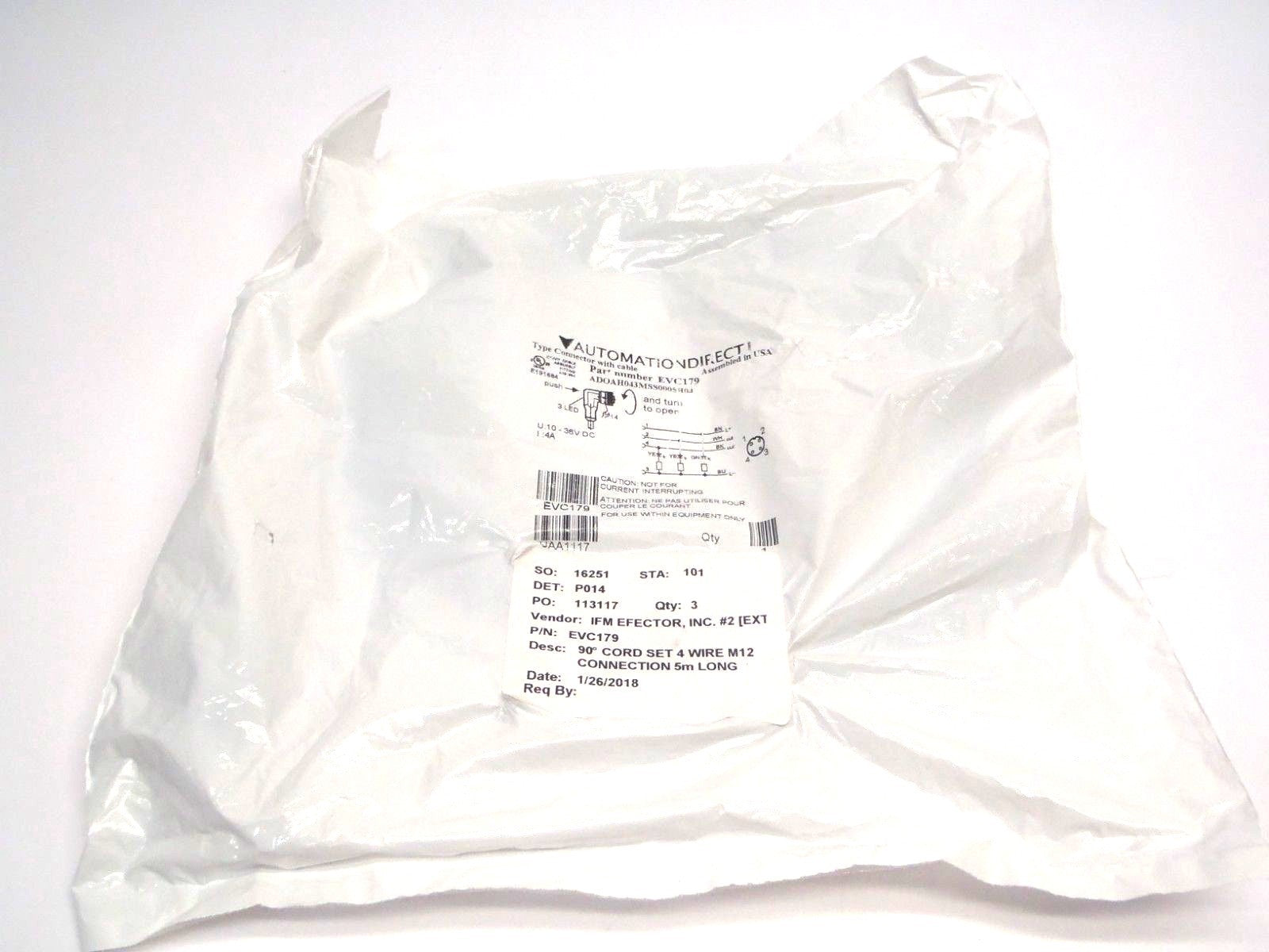 IFM EVC179 90° Angled PLC Cordset M12 Connector 5m 10-36VDC 4A - New – Open box - Maverick Industrial Sales