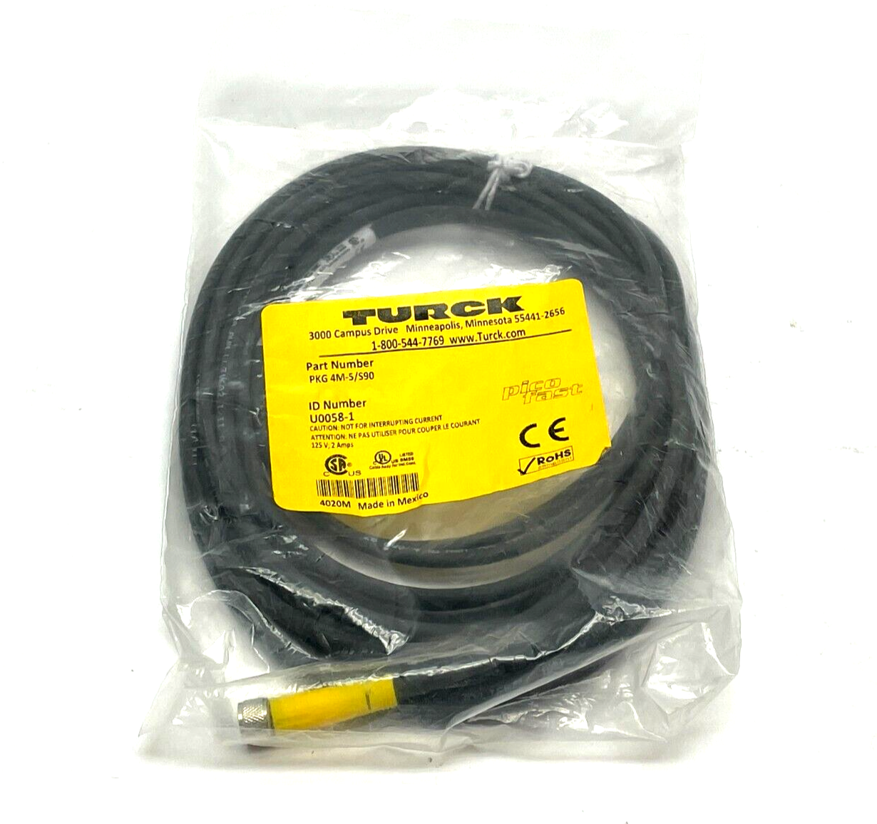 PKG 4M-5/S90, U0058-1 | Turck PKG 4M-5/S90 Picofast Single Ended Cordset 5m Length U0058-1 - New - Maverick Industrial Sales