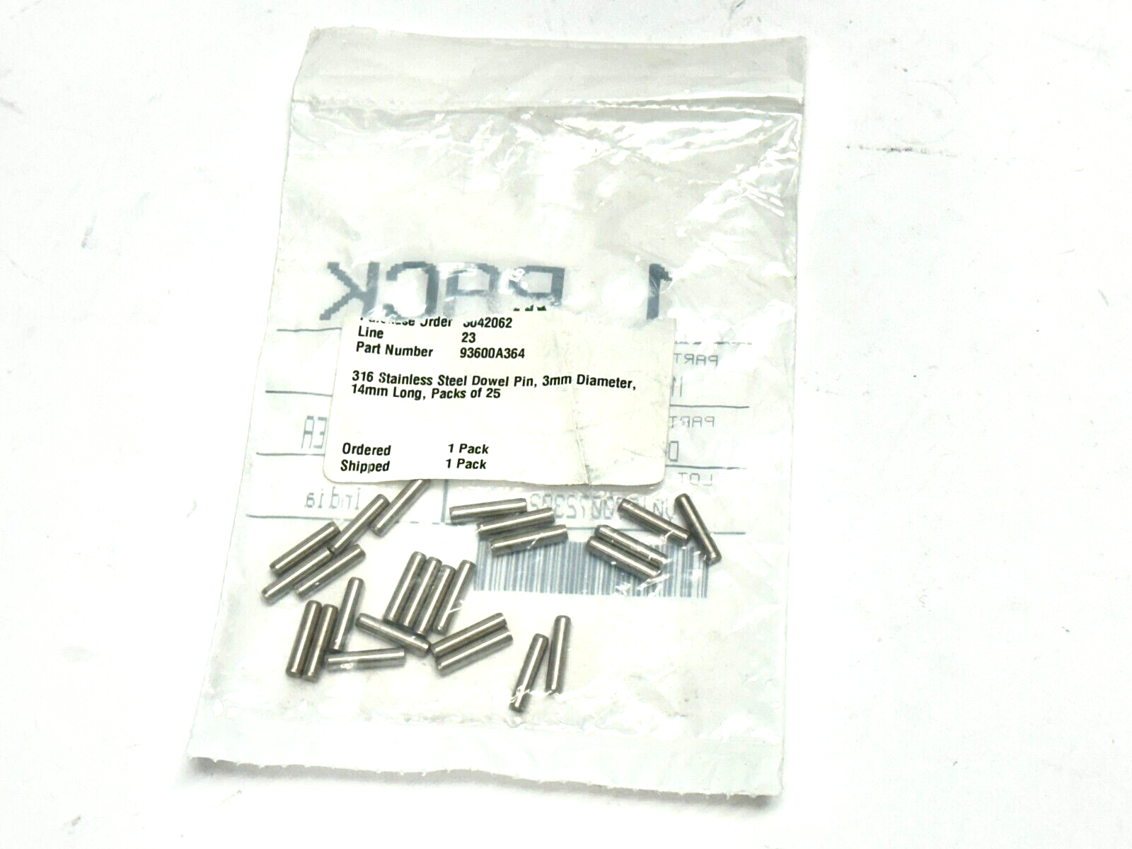 93600A364 316 Stainless Steel Dowel Pin 3mm Diameter 14mm Long PACK OF 25 - Maverick Industrial Sales