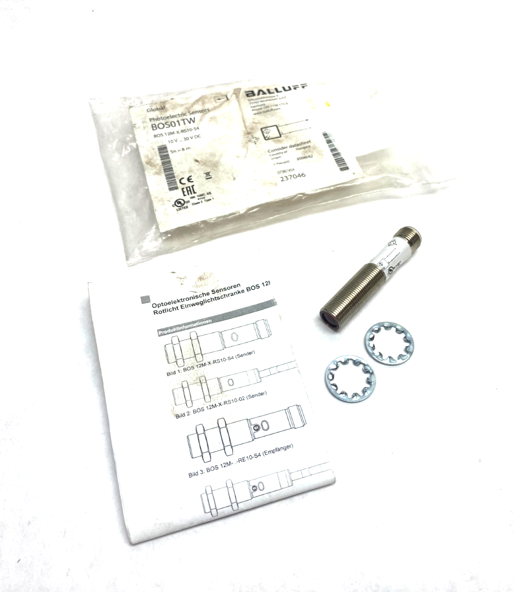 Balluff BOS01TW Cylindrical Through-Beam Photoelectric Sensor BOS 12M-X-RS10-S4 - New – Open box - Maverick Industrial Sales