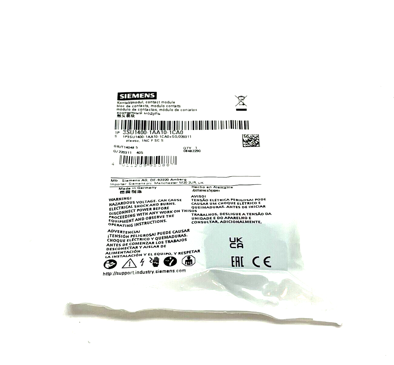 Siemens 3SU1400-1AA10-1CA0 Contact Module with 1 Contact Element, 1 NC - Maverick Industrial Sales