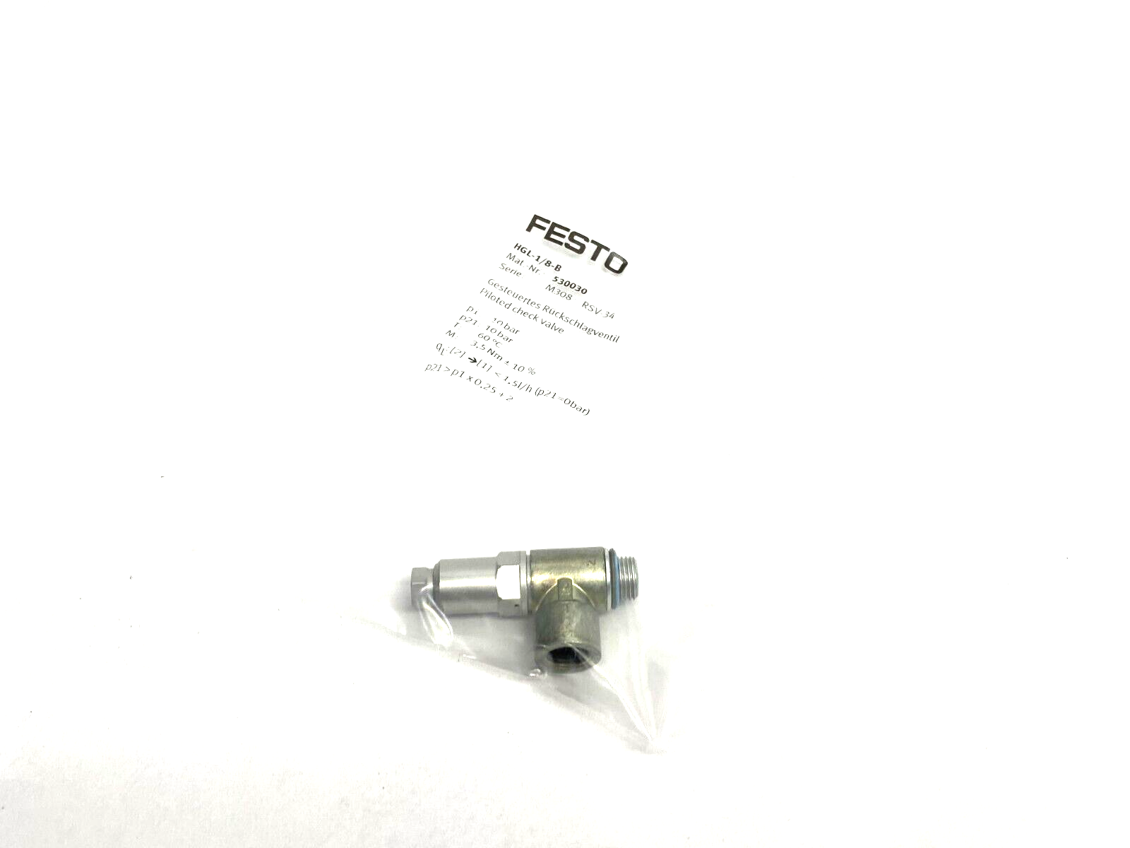 Festo HGL-1/8-B Piloted Non-Return Check Valve 530030 - New - Maverick Industrial Sales
