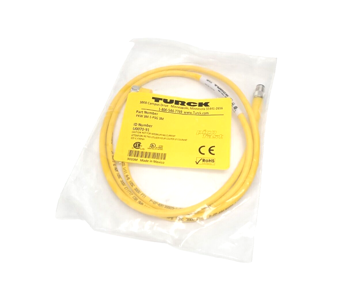 Turck PKW 3M-1-PSG 3M Actuator & Sensor Cordset M8 3-Pin 1m U0070-91 - Maverick Industrial Sales