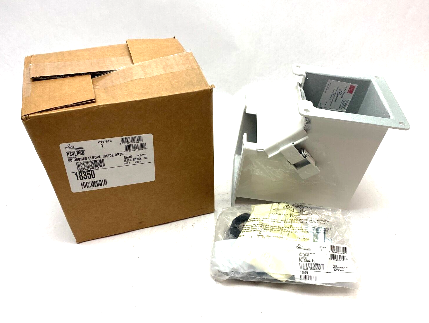 Hoffman F44LE9B nVent 90-Degree Elbow Lay-In Wireway, Inside Open White Steel - New – Open box - Maverick Industrial Sales