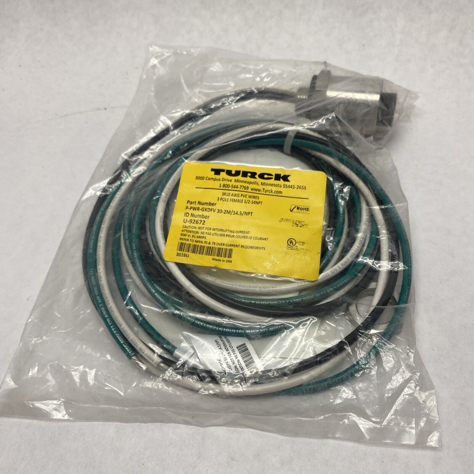 P-PWR-GKFD 30-2M/14.5/NPT | Turck Power Fast U-92672 3x10 AWG PVC Wires 1/2-14 NPT - New - Maverick Industrial Sales
