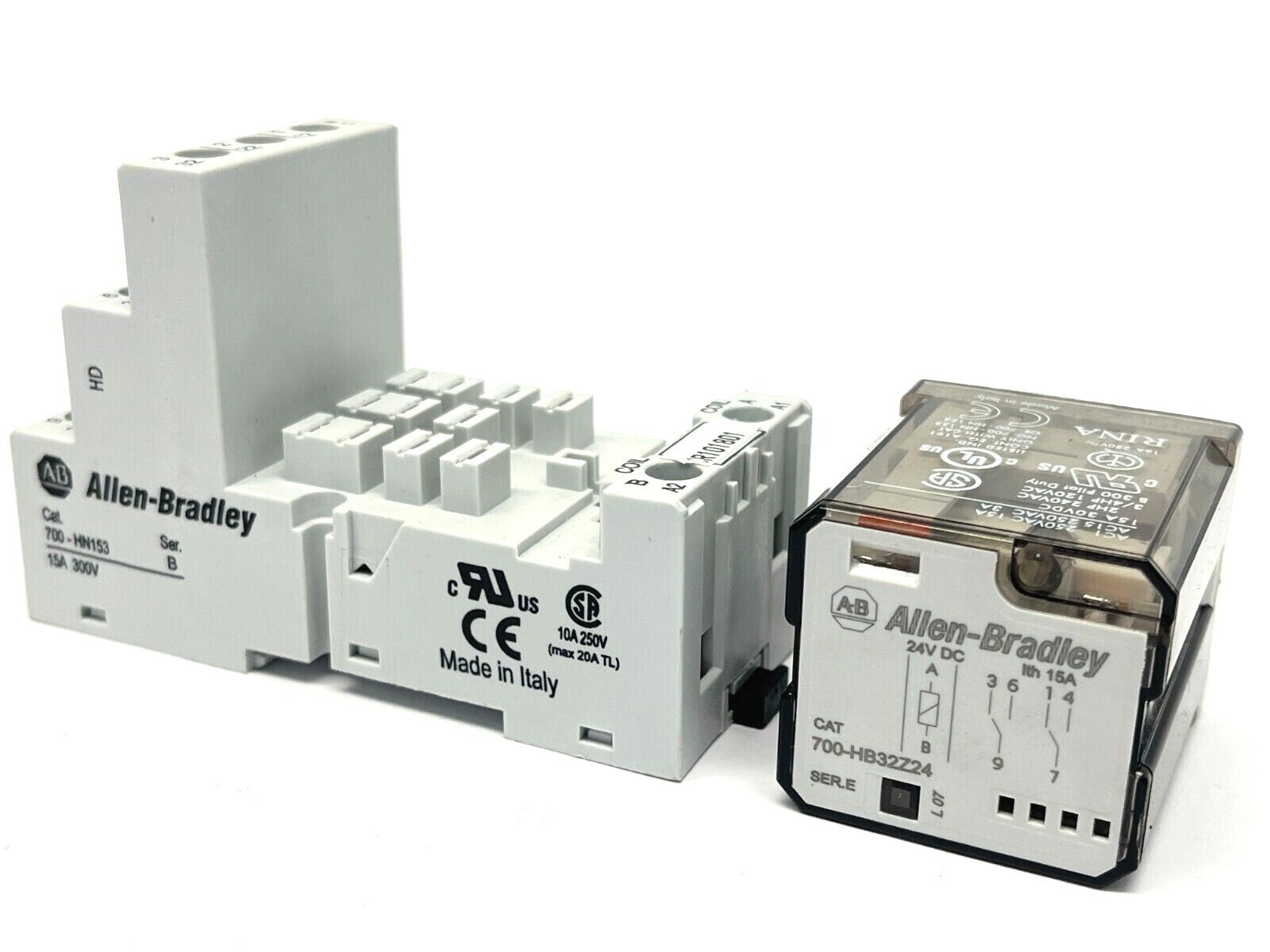700-HB32Z24,700-HN153 | Allen Bradley 700-HB32Z24 Ser. E Relay w/ 700-HN153 Ser. B Relay Base- Used - Maverick Industrial Sales