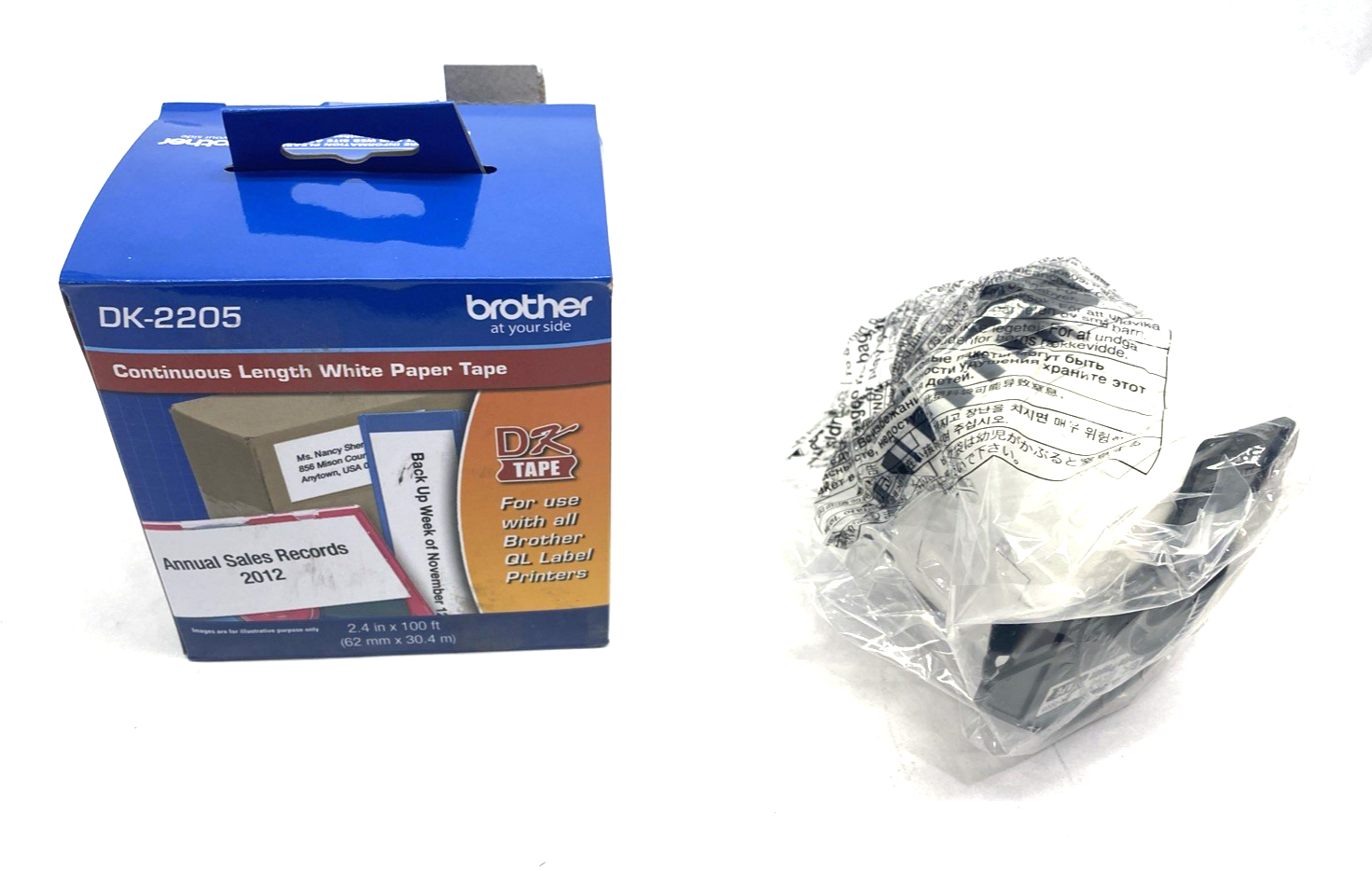 Brother DK2205 2.4in x 100ft Black on White Continuous Length Paper Tape - Maverick Industrial Sales