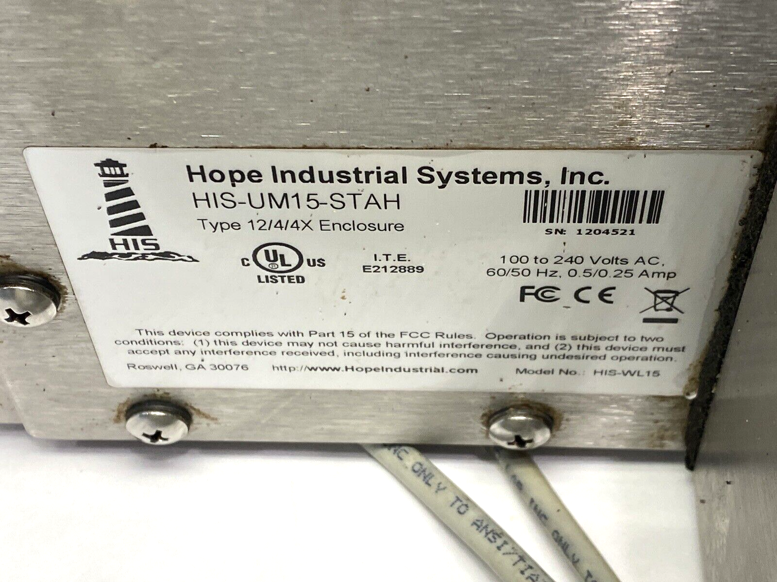 Hope Industrial Systems HIS-UM15-STAH HMI Enclosure 12" Screen Type 12/4/4X - Used - Maverick Industrial Sales