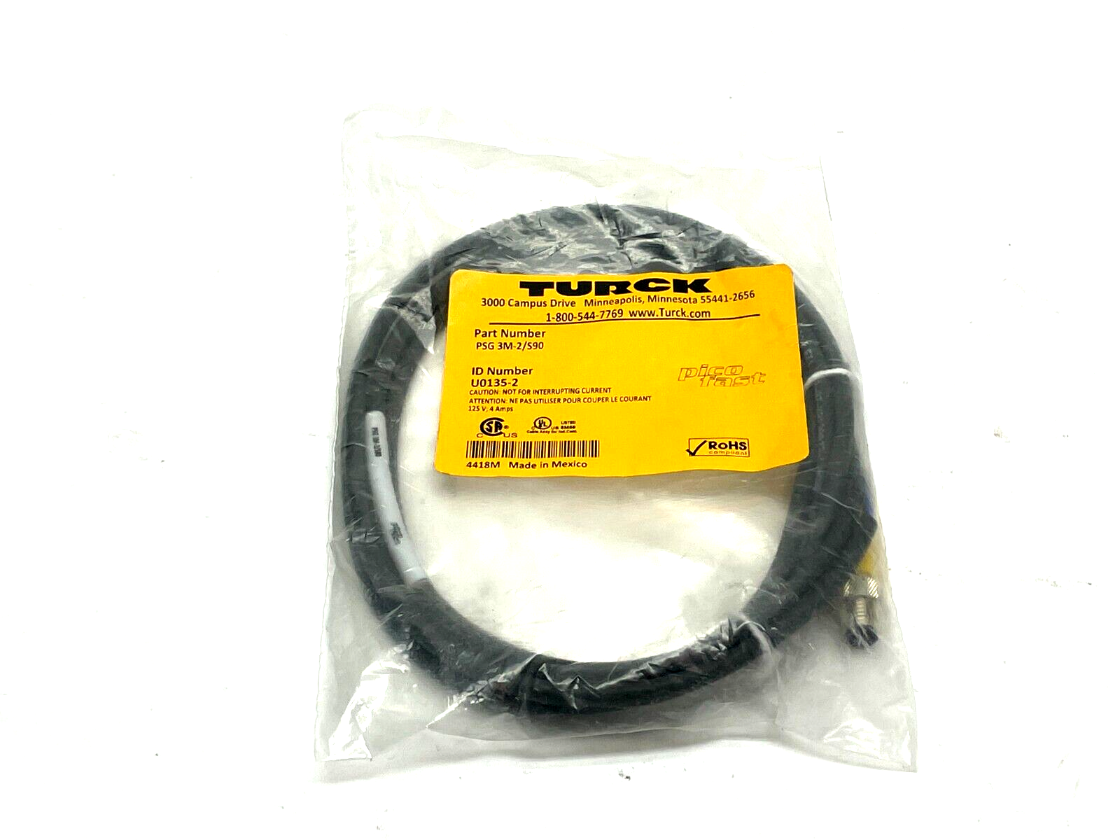 Turck PSG 3M-2/S90 Single Ended Cordset 2m Length U0135-2 - New - Maverick Industrial Sales