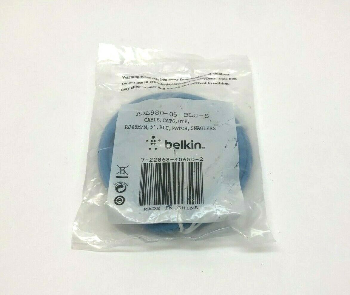 Belkin A3L980-05-BLU-S Ethernet Patch Cable, RJ45M/M, 5', Blue, Cat6, 5-foot - Maverick Industrial Sales