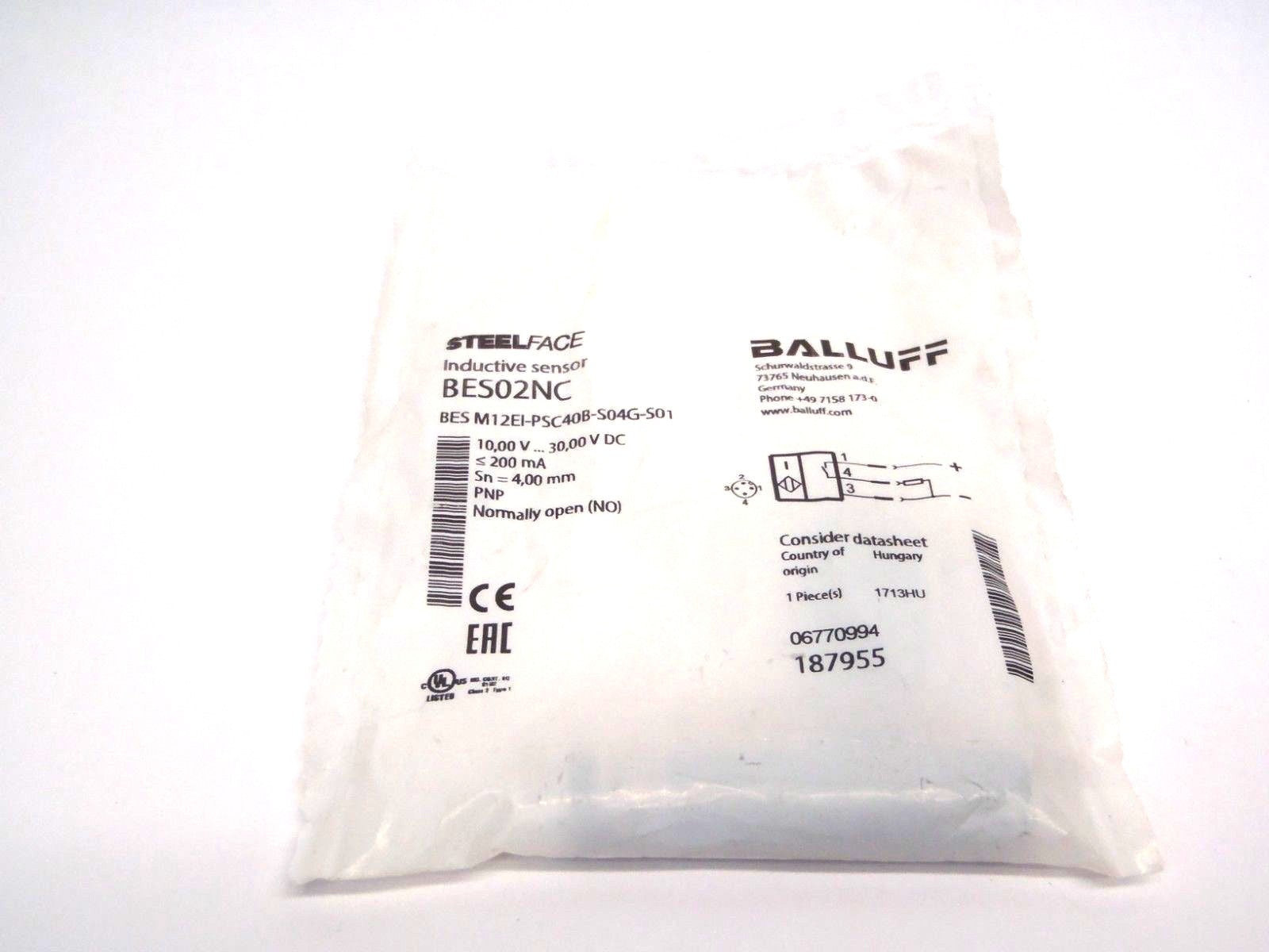 Balluff BES02NC BESM12EI-PSC40B-SO4G-S01 Inductive Sensor 10-30VDC PNP NO - New - Maverick Industrial Sales