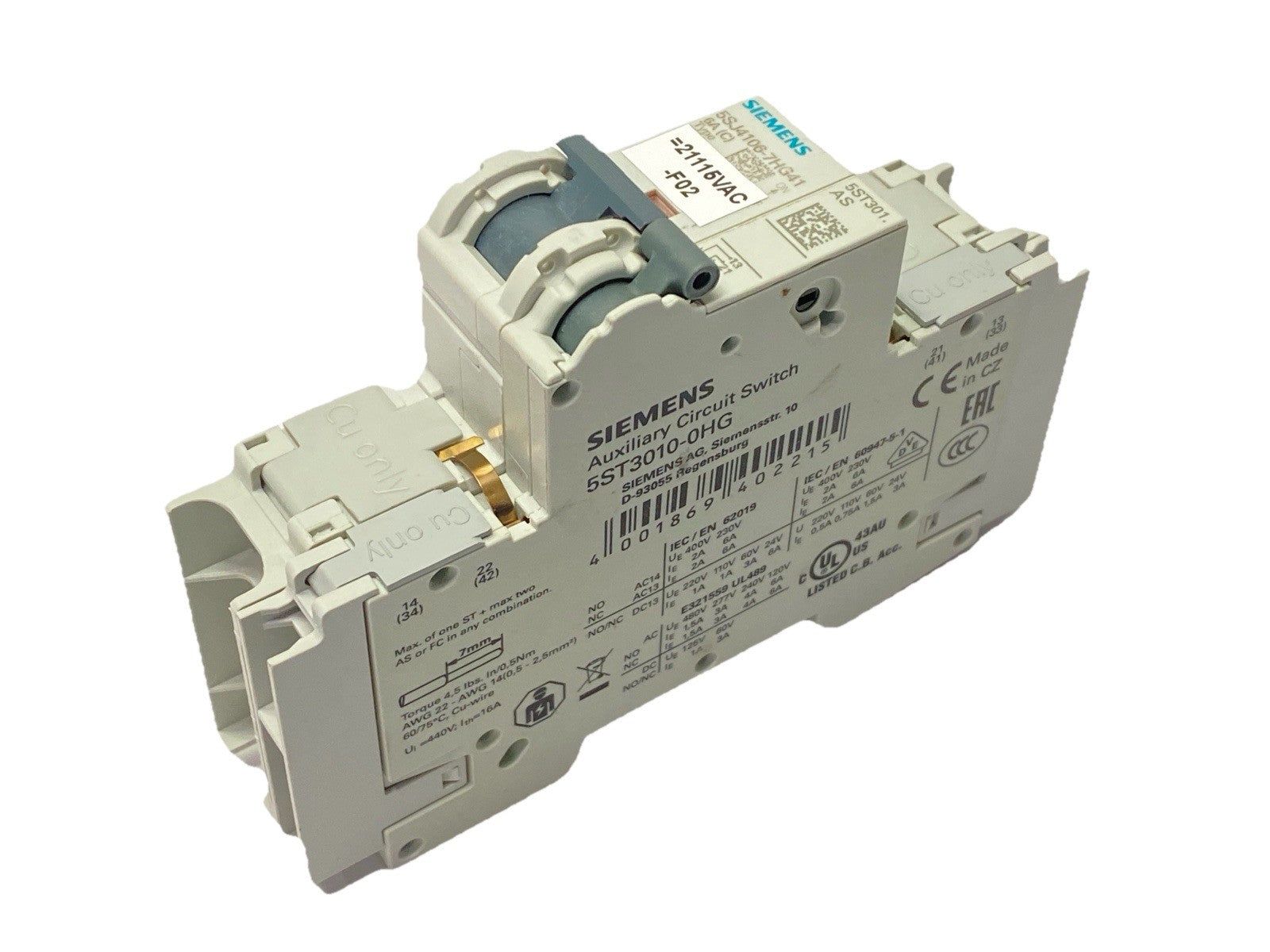 5SJ4106-7HG41 | Siemens Miniature Circuit Breaker 1-Pole 6A 240V w/ 5ST3010-0HG - Used - Maverick Industrial Sales
