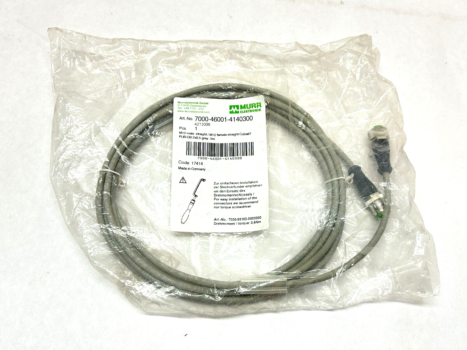 Murr Elektronik 7000-46001-4140300 Cordset Male M12 - Female M12 6-Pin 3m - Maverick Industrial Sales