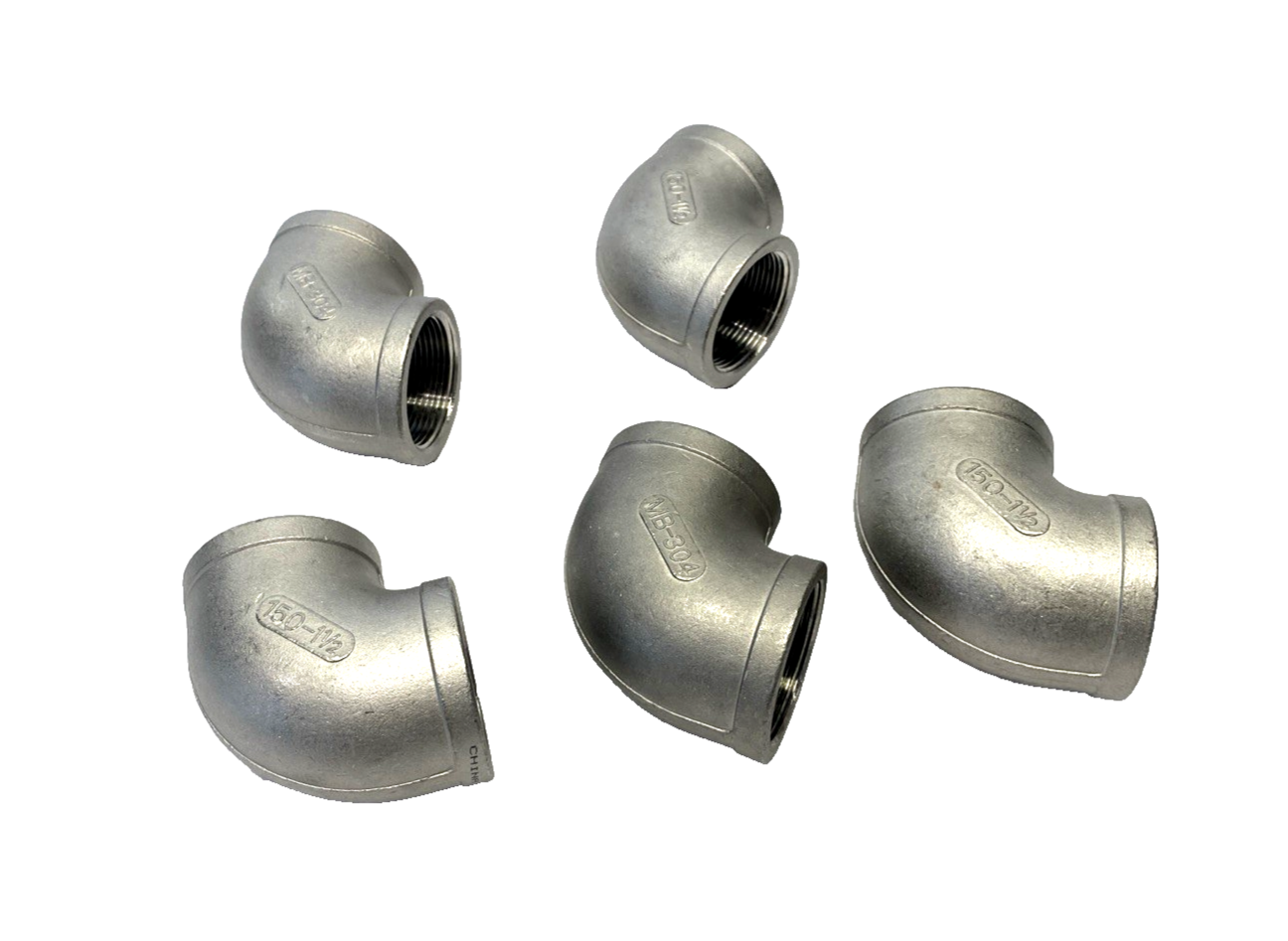 4464K18 | 304 SS Threaded Pipe Fitting, Low-Pressure, 90 Deg. Elbow 1-1/2" NPT 5PK - New – Open box - Maverick Industrial Sales