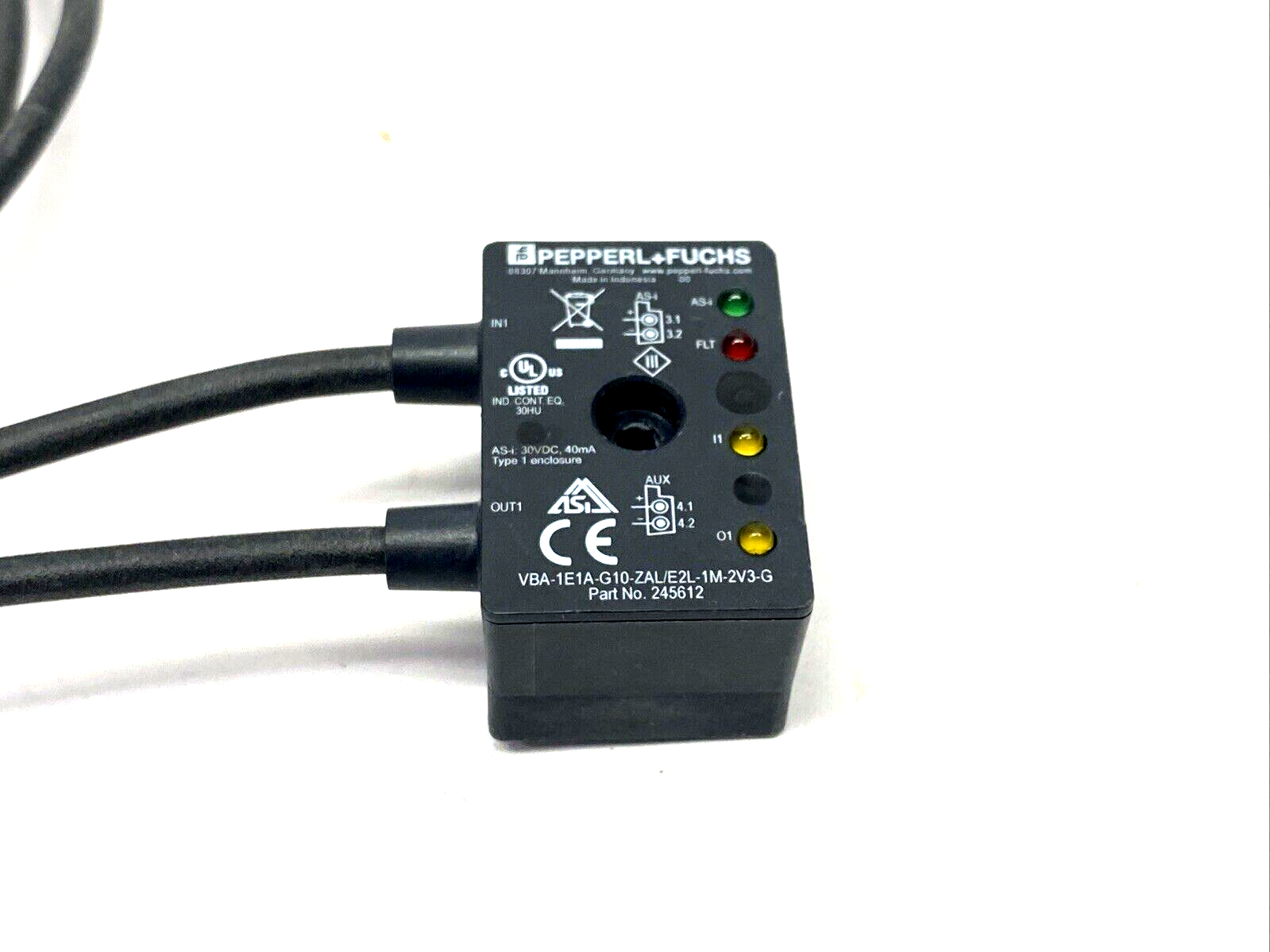 245612, VBA-1E1A-G10-ZAL/E2L-1M-2V3-G | Pepperl+Fuchs VBA-1E1A-G10-ZAL/E2L-1M-2V3-G AS-i Module 245612 MISSING SCREW - Used - Maverick Industrial Sales