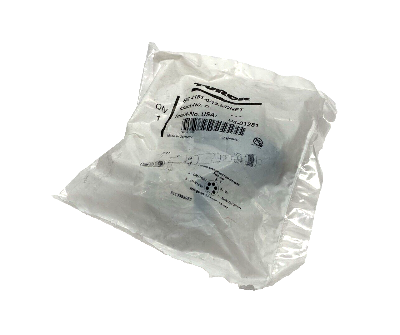 U3-01281,BS 4151-0/13.5/DNET | Turck BS 4151-0/13.5/DNET DeviceNet Wireable Connector 7/8" Male 5-Pin U3-01281 - New - Maverick Industrial Sales