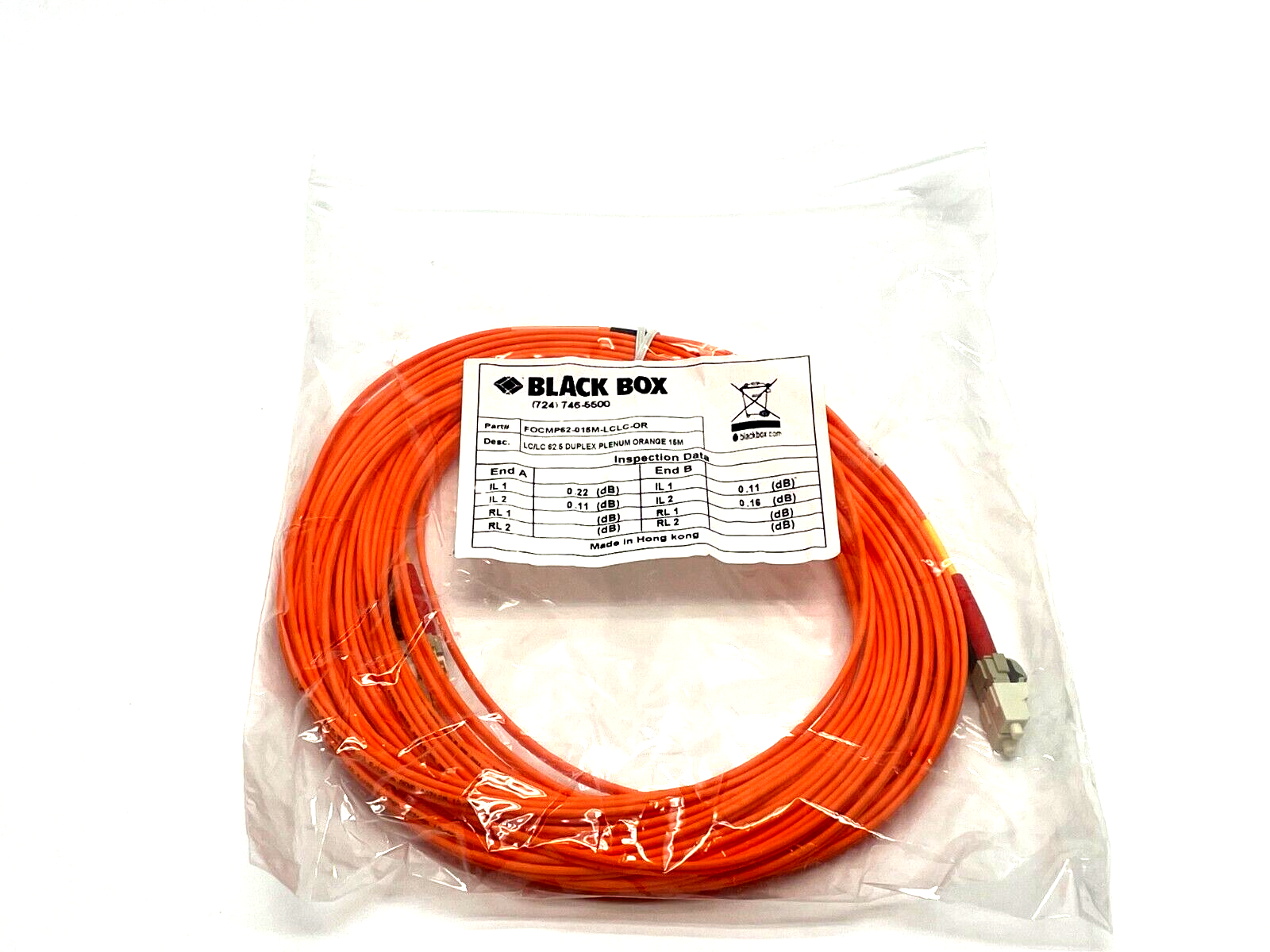 Black Box FOCMP62-015M-LCLC-OR Fiber Patch Cable 15m Length - New - Maverick Industrial Sales