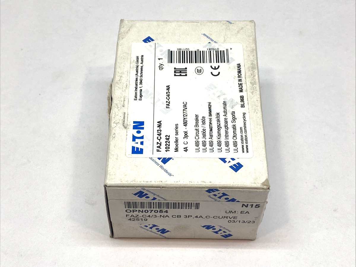 FAZ-C4/3-NA | Eaton Circuit Breaker 3-Pole C-Curve 4A 102242- New – Open box - Maverick Industrial Sales