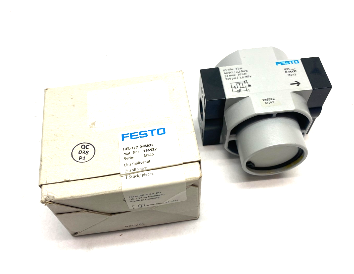 Festo HEL-1/2-D-MAXI Pneumatic On/Off Valve 3-16bar 1/2" Ports 186522 - Maverick Industrial Sales