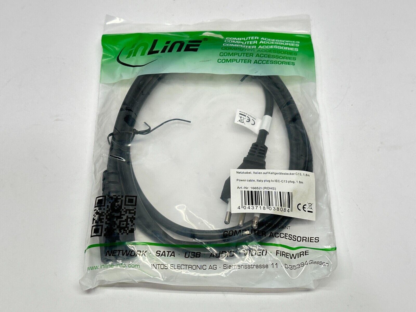 16652I | Inline Power Cable Italy Plug To IEC-C13 Plug 1.8m - New - Maverick Industrial Sales