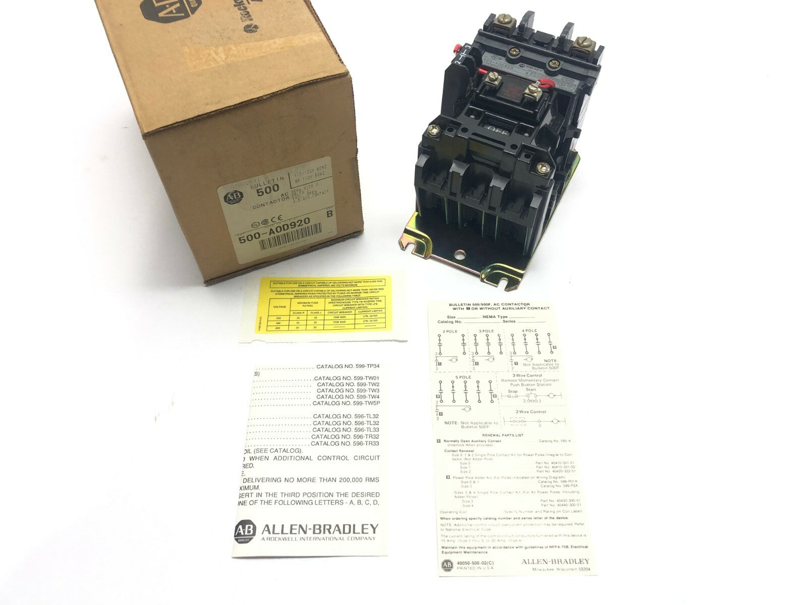 Allen Bradley 500-A0D920 Ser B AC Contactor NEMA Size 0 2-Pole 115V-120V - Maverick Industrial Sales