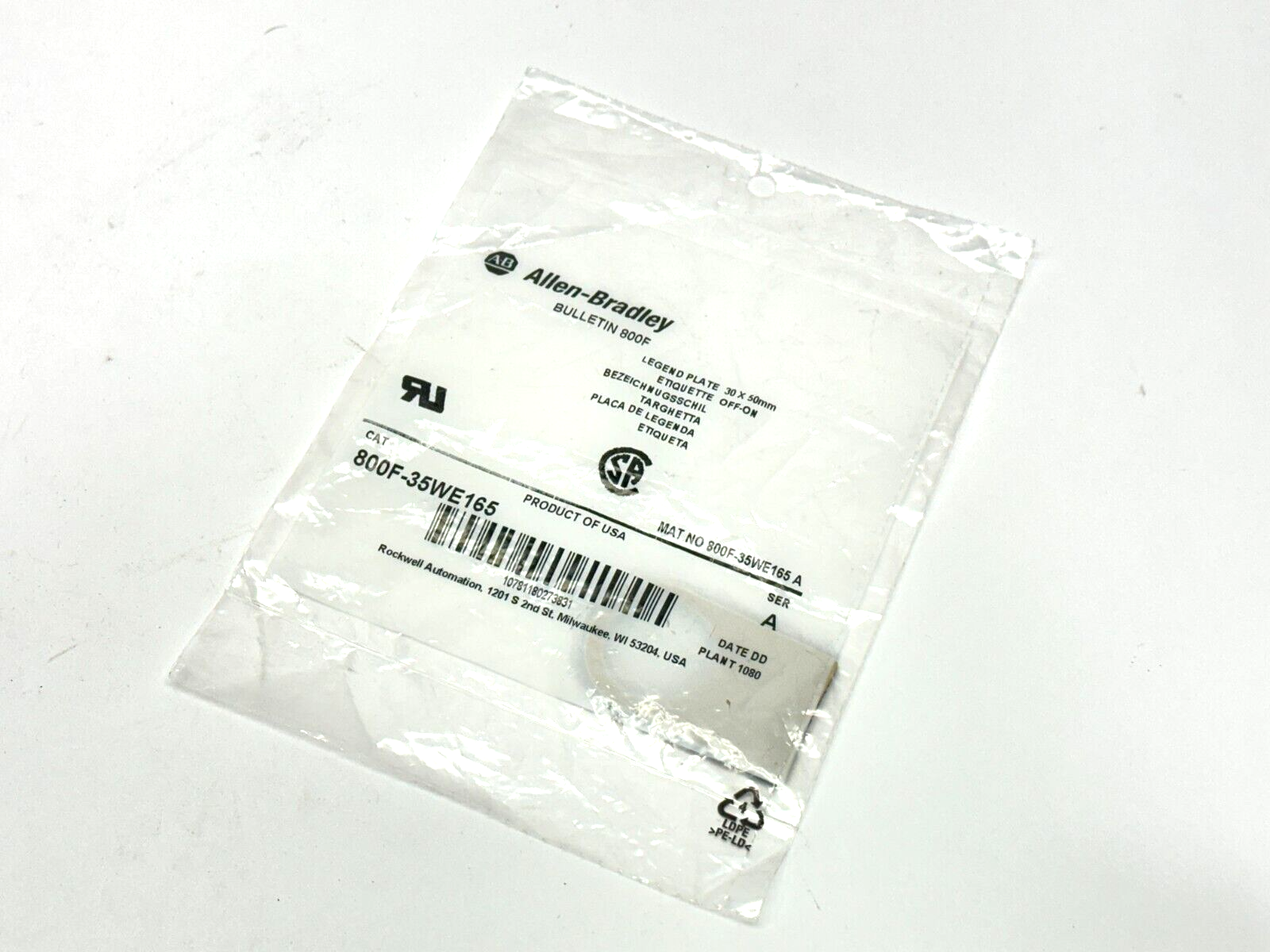 Allen Bradley 800F-35WE165 Legend Plate Off-On 30 x 50mm - Maverick Industrial Sales