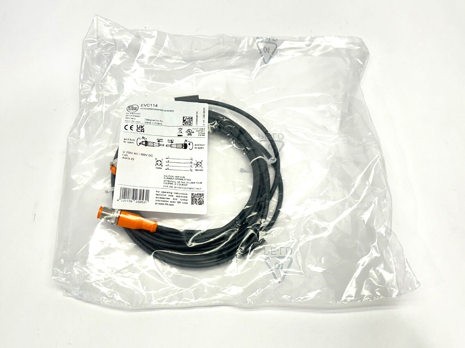 ifm EVC114 Connection Cable M/F M12 4m VDOGH040MSS0004H04STGH040MSS - New - Maverick Industrial Sales